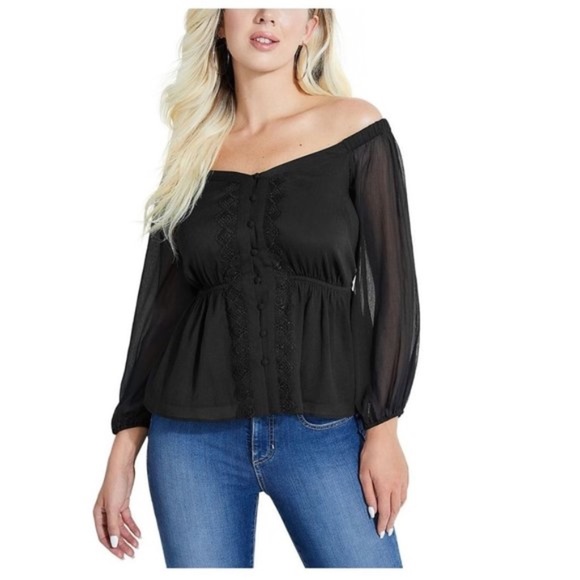 Guess Off-The-Shoulder Lace-Trim Top - Picture 1 of 5